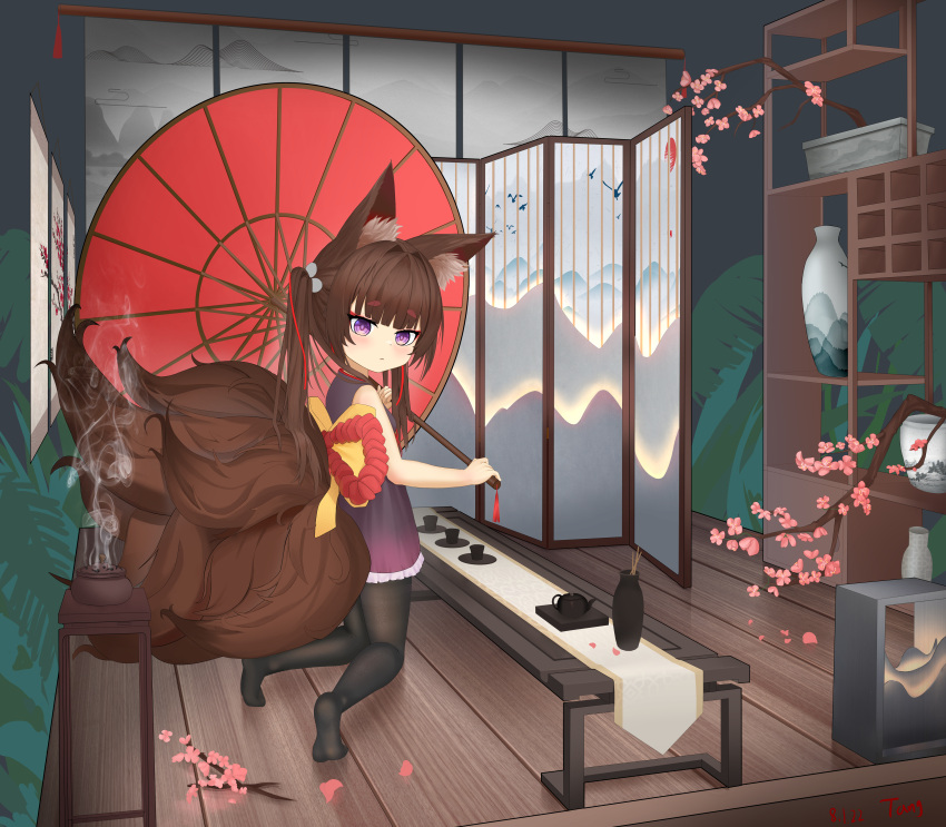 1girl absurdres amagi-chan_(azur_lane) animal_ears azur_lane bare_shoulders black_pantyhose branch brown_hair brown_tail cherry_blossoms fox_ears fox_tail from_side highres holding holding_umbrella indoors kitsune kneeling loli multiple_tails oil-paper_umbrella pantyhose solo tail tang_(2455) thick_eyebrows umbrella vase violet_eyes wooden_floor