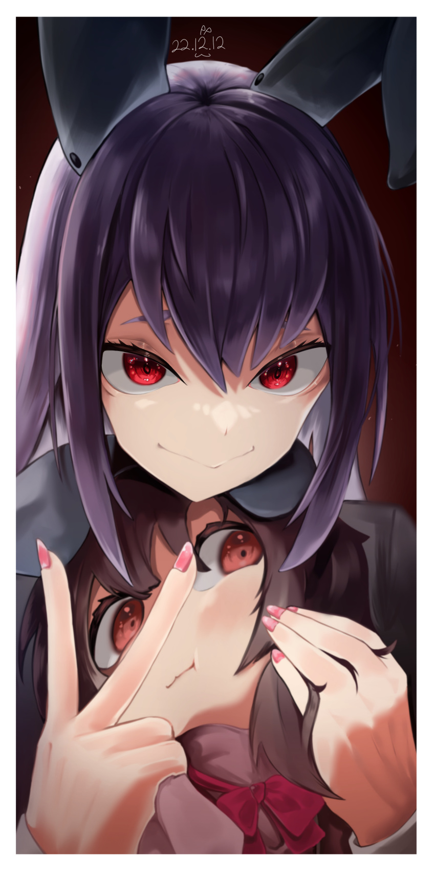 2girls :t absurdres bangs border bow bowtie brown_hair closed_mouth commentary_request dated hand_in_another's_hair highres inaba_tewi long_hair looking_at_viewer multiple_girls nail_polish pink_nails portrait purple_hair red_bow red_bowtie red_eyes reisen_udongein_inaba smile touhou white_border youtube_snh