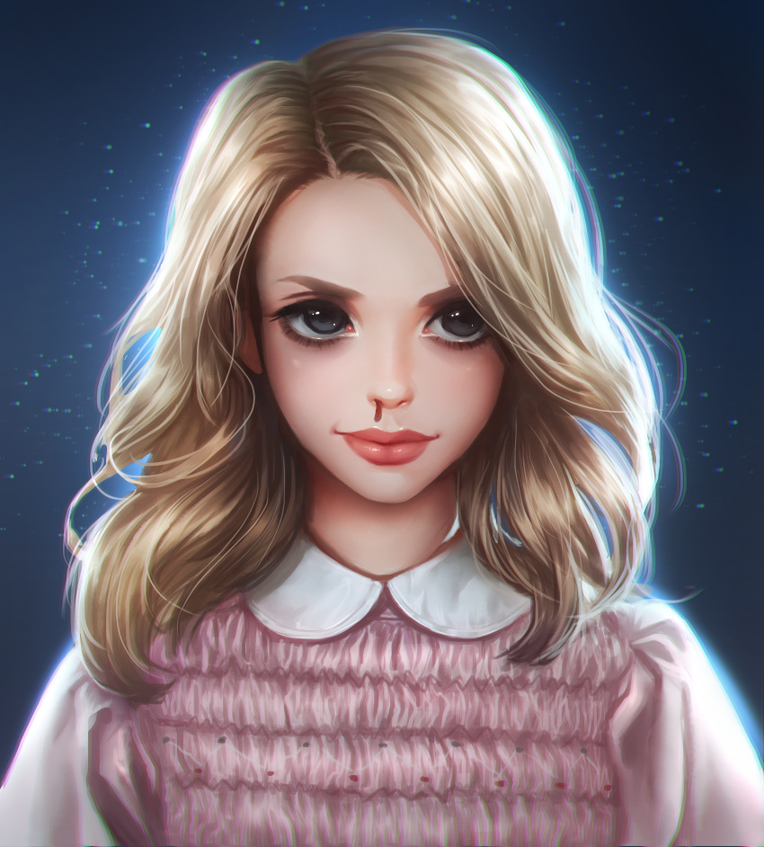 1girl absurdres black_background black_eyes blonde_hair blood closed_mouth collar eleven_(stranger_things) eyelashes highres long_hair looking_at_viewer nosebleed pink_lips pink_shirt portrait rena_illusion shirt smile solo_focus stranger_things upper_body v-shaped_eyebrows white_collar