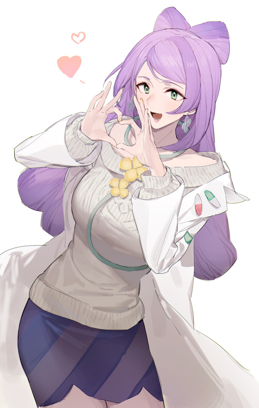 1girl :d coat commentary earrings green_eyes hands_up heart heart_hands highres jewelry long_hair long_sleeves miriam_(pokemon) neee-t open_clothes open_coat open_mouth pokemon pokemon_(game) pokemon_sv purple_hair skirt smile solo sweater symbol-only_commentary white_background white_coat