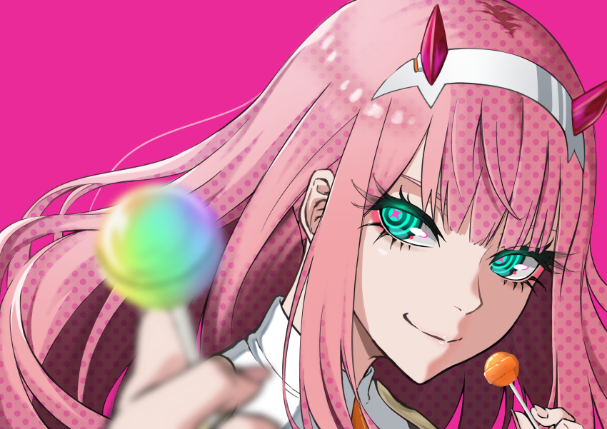 1girl absurdres bangs blurry blurry_foreground candy closed_mouth commentary_request darling_in_the_franxx food green_eyes hairband highres holding holding_candy holding_food holding_lollipop horns lollipop long_hair looking_at_viewer necktie oni_horns orange_necktie otomi_yuki pink_background pink_hair pink_horns portrait reaching_towards_viewer ringed_eyes simple_background smile solo white_hairband zero_two_(darling_in_the_franxx)