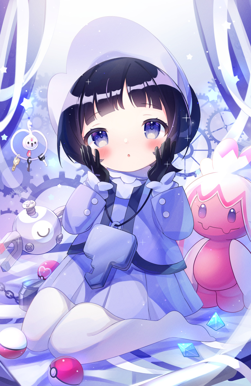 1girl absurdres bangs black_gloves black_hair blue_eyes blush commentary_request dress eyelashes fujii_shino gloves hands_up highres klefki long_sleeves love_ball magnemite no_shoes pantyhose parted_lips pleated_dress poke_ball poke_ball_(basic) pokemon pokemon_(creature) pokemon_(game) pokemon_sv poppy_(pokemon) shiny shiny_hair short_hair sitting tinkaton