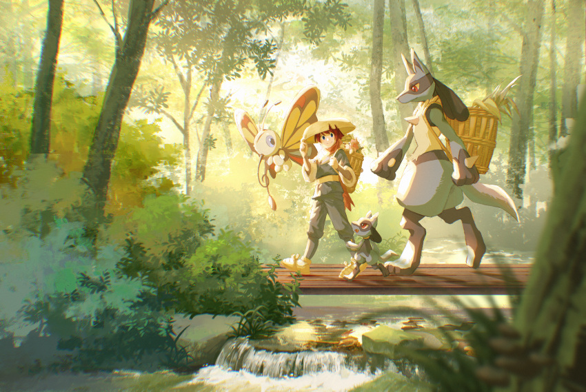 1girl ajirogasa basket beautifly big-starfish blue_pants blue_shirt bush chinese_commentary closed_mouth commentary_request forest hand_on_headwear hat highres long_hair lucario nature original outdoors pants pokemon pokemon_(creature) pokemon_(game) pokemon_legends:_arceus ponytail redhead riolu river shaymin shaymin_(land) shirt smile tree walking water wide_shot wooden_bridge