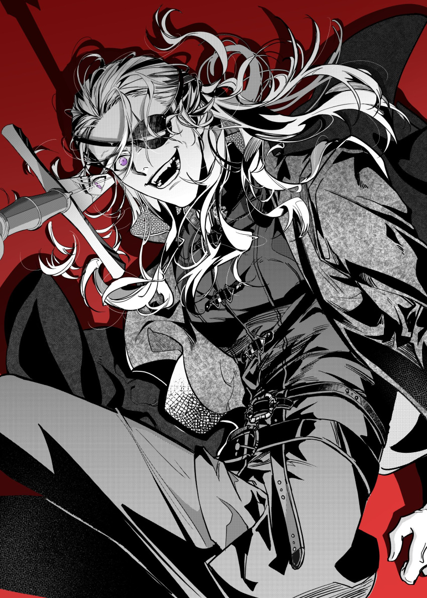 1boy a_song_of_ice_and_fire aemond_targaryen belt cowboy_shot eyepatch fang grin hair_pulled_back highres house_of_the_dragon jacket long_hair long_sleeves looking_at_viewer male_focus open_mouth red_background scar scar_across_eye smile solo spot_color violet_eyes yan_river
