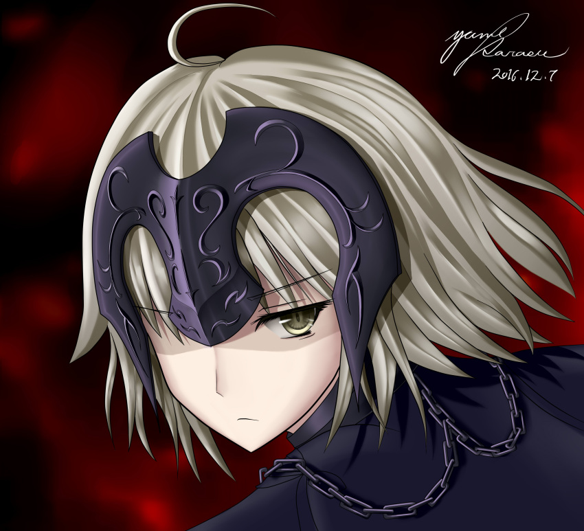 1girl absurdres ahoge bangs blonde_hair chain dark_background eyebrows_hidden_by_hair fate/grand_order fate_(series) futa_yami hair_over_one_eye headpiece highres jeanne_d'arc_alter_(avenger)_(fate) jeanne_d'arc_alter_(fate) looking_at_viewer looking_back short_hair signature solo upper_body yellow_eyes