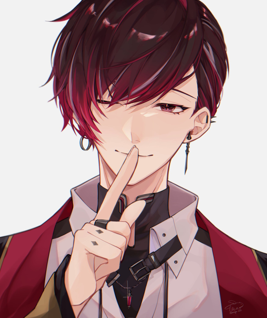 1boy artist_name asymmetrical_bangs bangs belt black_belt black_shirt brown_hair closed_mouth collared_shirt commentary ear_piercing earrings eyelashes finger_to_mouth gradient_hair grey_hair hand_up highres index_finger_raised jacket jewelry looking_at_viewer male_focus multicolored_hair necklace nijisanji nijisanji_en one_eye_closed open_clothes open_jacket parted_bangs piercing red_eyes redhead ring shirt short_hair shushing signature simple_background smile solo spiked_ear_piercing spikes streaked_hair swept_bangs teruya_te10 twitter_username upper_body ver_vermillion virtual_youtuber white_background white_shirt wing_collar