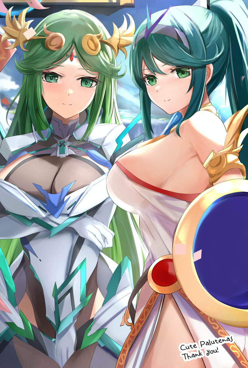 2girls artist_signature bare_shoulders bodysuit commissioner_upload female_only green_eyes green_hair in_profile kid_icarus kid_icarus_uprising large_breasts looking_at_viewer outfit_switch palutena palutena_(cosplay) parted_bangs pneuma_(xenoblade) pneuma_(xenoblade)_(cosplay) ponytail shield side_slit sideboob sidelocks skeb_commission skin-tight smile strapless_dress super_smash_bros._ultimate swept_bangs tiara tomas_(kaosu22) tomasupso2 very_long_hair white_dress xenoblade_(series) xenoblade_2
