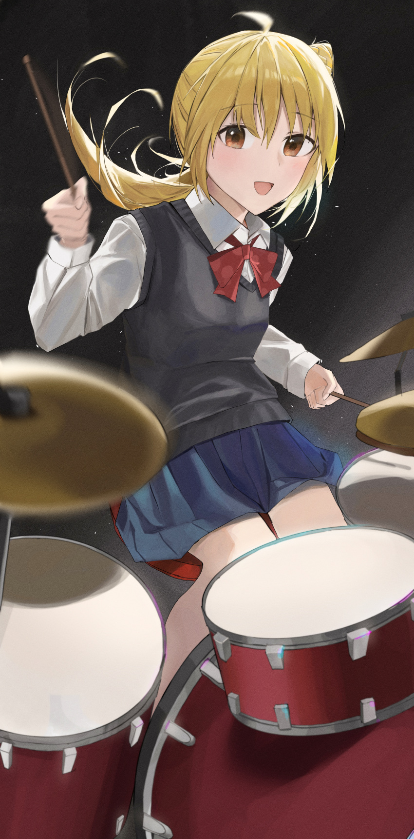 1girl :d absurdres ahoge bangs black_background black_vest blonde_hair blue_skirt bocchi_the_rock! bow bowtie breasts brown_eyes collared_shirt drum drum_set drumming drumsticks feet_out_of_frame gradient gradient_background highres holding holding_drumsticks ijichi_nijika instrument light_blush light_particles long_hair long_sleeves on_chair open_mouth pleated_skirt polka_dot polka_dot_bow red_bow school_uniform shiny shiny_hair shirt side_ponytail sidelocks sitting skirt small_breasts smile solo vest white_shirt yunkkker