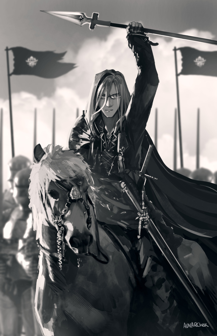 1boy absurdres advarcher arm_up armor cape clouds commentary english_commentary flag full_body glasses gloves greyscale hair_between_eyes highres holding holding_polearm holding_weapon holostars holostars_english horseback_riding jacket long_hair looking_at_viewer male_focus monochrome multicolored_hair multiple_swords noir_vesper parted_lips polearm riding sheath sheathed shoulder_armor soldier solo_focus spear streaked_hair virtual_youtuber weapon