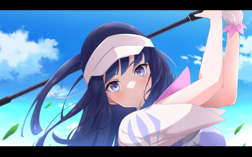 1girl amawashi_aoi bangs birdie_wing:_golf_girls'_story blue_eyes blue_sky breasts clouds cloudy_sky golf_club gradient_sky grass highres holding holding_golf_club kurono_yuzuko large_breasts long_hair looking_at_viewer polo_shirt sidelocks sky swinging upper_body visor_cap