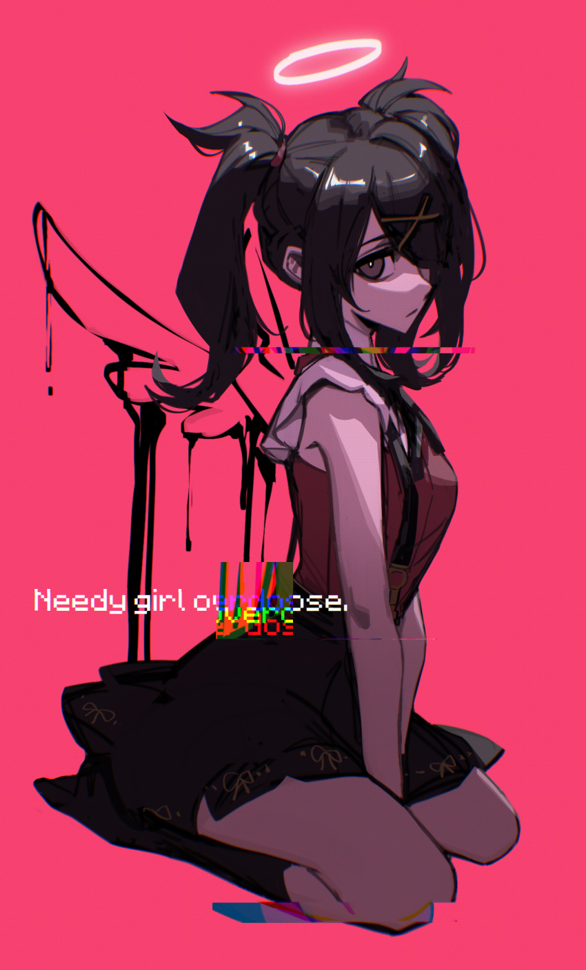 1girl absurdres ame-chan_(needy_girl_overdose) bangs black_hair black_ribbon black_skirt black_socks black_wings collar collared_shirt full_body glitch grey_eyes hair_ornament hair_over_one_eye hair_tie hairclip halo highres jirai_kei long_hair looking_at_viewer neck_ribbon needy_girl_overdose red_shirt ribbon sakamoto_tatsuko shirt shirt_tucked_in simple_background sitting skirt socks solo suspender_skirt suspenders twintails wariza white_collar wings x_hair_ornament