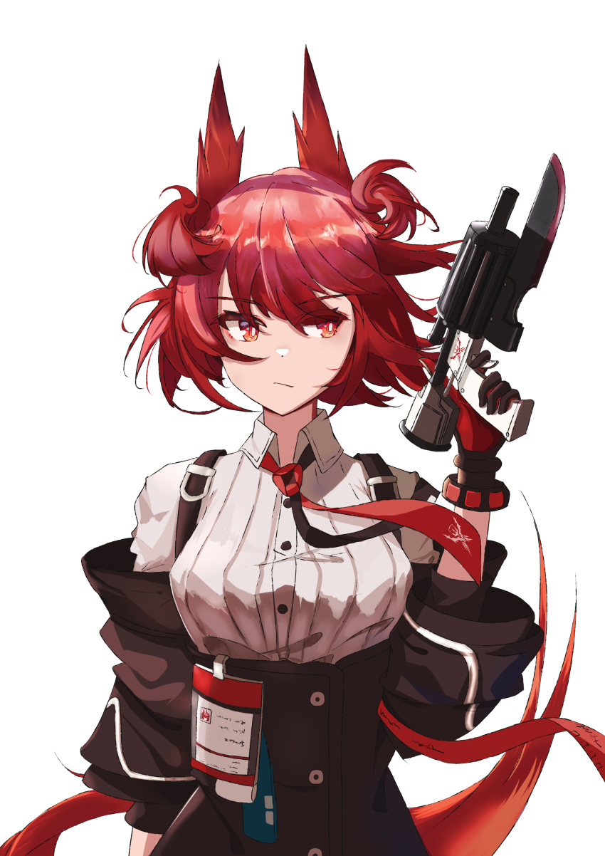 1girl absurdres animal_ears arknights bayonet bird_ears black_skirt breasts collared_shirt fiammetta_(arknights) gun highres holding holding_gun holding_weapon id_card jacket kaka_cathenal medium_breasts off_shoulder open_clothes open_jacket red_eyes redhead shirt short_hair simple_background skirt solo suspender_skirt suspenders upper_body weapon white_background white_shirt