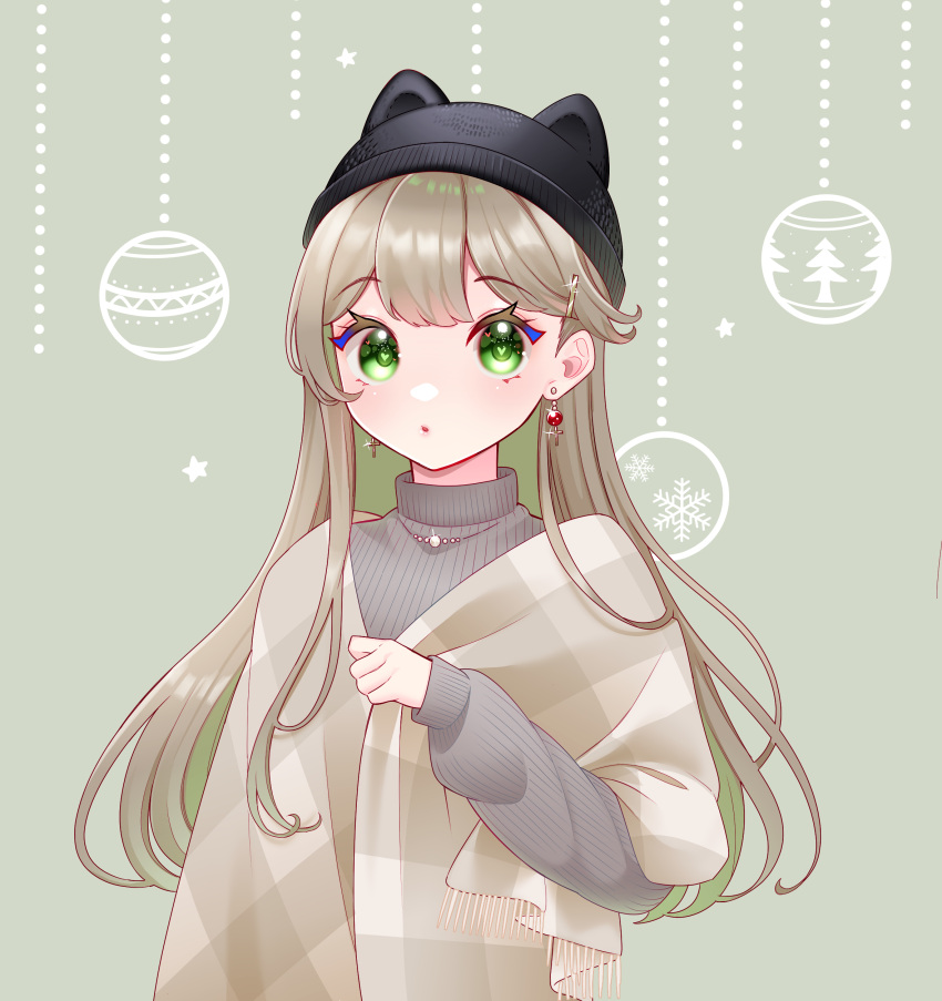 1girl absurdres animal_hat black_headwear earrings green_eyes grey_background hair_ornament hairclip hat highres jewelry light_brown_hair long_hair looking_at_viewer masumofu necklace original ribbed_sweater stole sweater upper_body