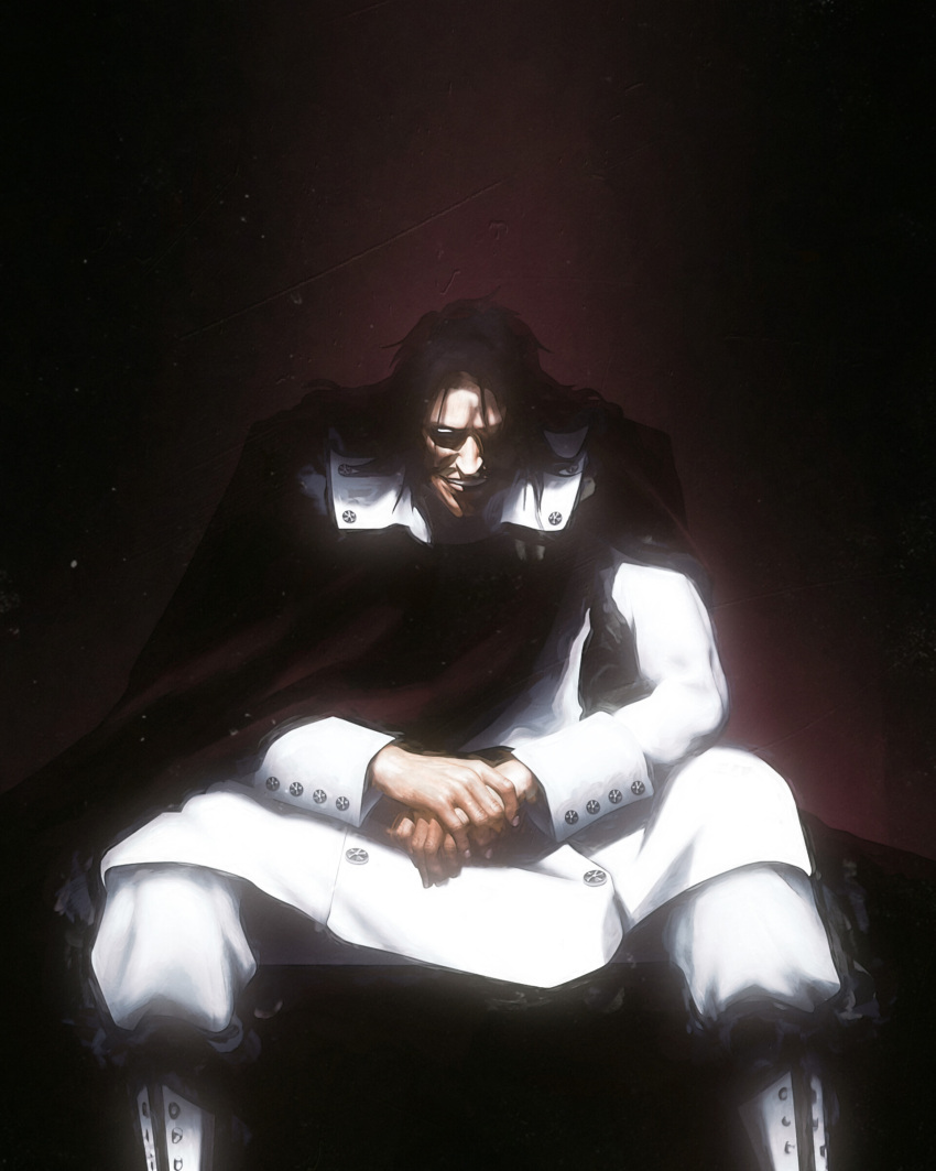 1boy absurdres bleach bleach:_the_thousand-year_blood_war cloak evil_grin evil_smile facial_hair grin highres long_hair male_focus military military_uniform mustache sitting smile solo source_request tanis_teau uniform wandenreich yhwach