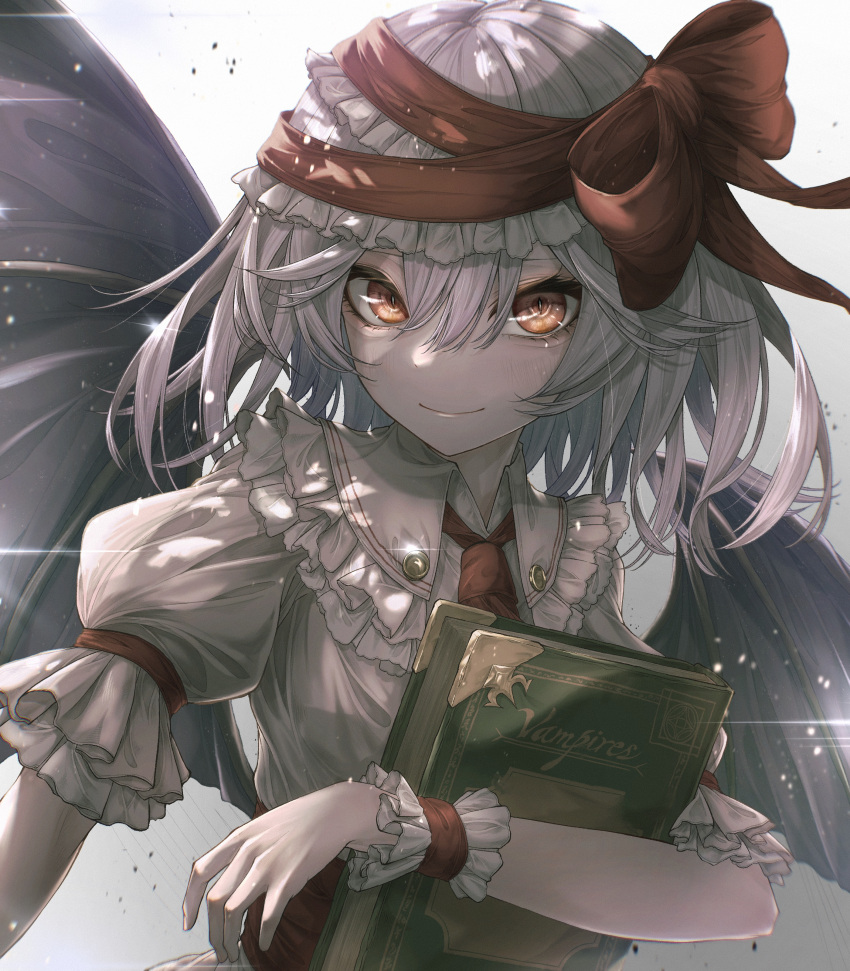 1girl absurdres ascot bat_wings book bow closed_mouth collared_shirt commentary eyelashes frilled_shirt_collar frills grey_hair hair_between_eyes hair_bow hair_ribbon highres holding holding_book looking_at_viewer medium_hair red_ascot red_bow red_eyes red_ribbon remilia_scarlet ribbon shirt smile touhou tqg_07 upper_body white_shirt wings wrist_cuffs