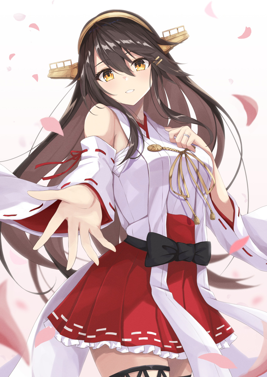 1girl absurdres black_hair boots brown_eyes detached_sleeves foreshortening gensoukitan hair_ornament hairband hairclip hakama hakama_short_skirt hakama_skirt haruna_(kancolle) headgear highres japanese_clothes kantai_collection long_hair looking_at_viewer parted_lips reaching_towards_viewer red_hakama red_skirt ribbon-trimmed_sleeves ribbon_trim simple_background skirt solo thigh_boots white_background
