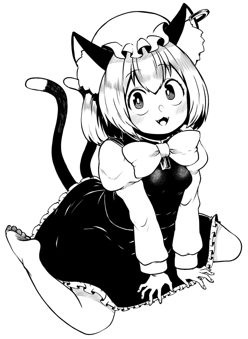 1girl absurdres animal_ears barefoot bow bowtie bright_pupils cat_ears cat_girl cat_tail chen fangs frilled_skirt frills full_body greyscale hat high_contrast highres himajin_noizu looking_at_viewer mob_cap multiple_tails nekomata open_mouth perfect_cherry_blossom shirt short_hair simple_background sitting skirt solo tail touhou two_tails wariza