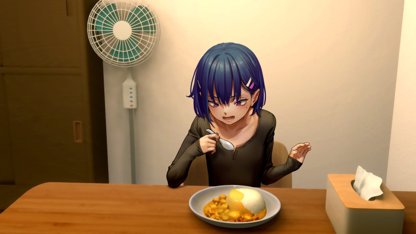 1girl as109 blue_hair blush collarbone eating electric_fan food hair_ornament hairclip highres holding holding_spoon indoors mole mole_under_eye original plate red_eyes short_hair sitting solo spoon table tissue_box