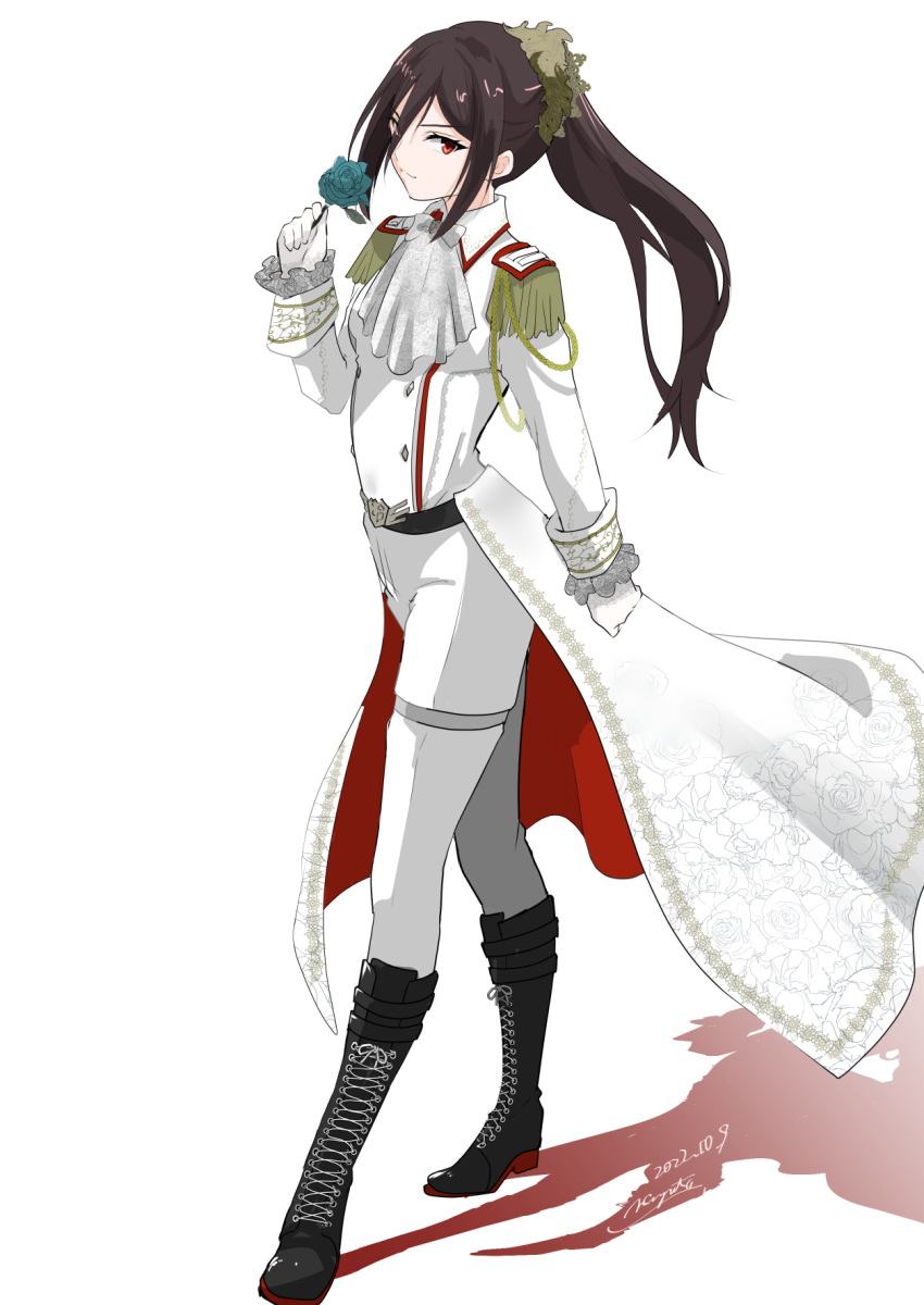 1girl 2022 artist_name bangs black_footwear blue_flower boots brown_hair closed_mouth coat dated flower full_body gloves hair_ornament highres holding holding_flower knee_boots long_hair looking_at_viewer military military_uniform morag_ladair_(xenoblade) nayuta-kanata pants ponytail red_eyes shadow signature simple_background smile solo standing uniform white_coat white_gloves white_pants xenoblade_chronicles_(series) xenoblade_chronicles_2