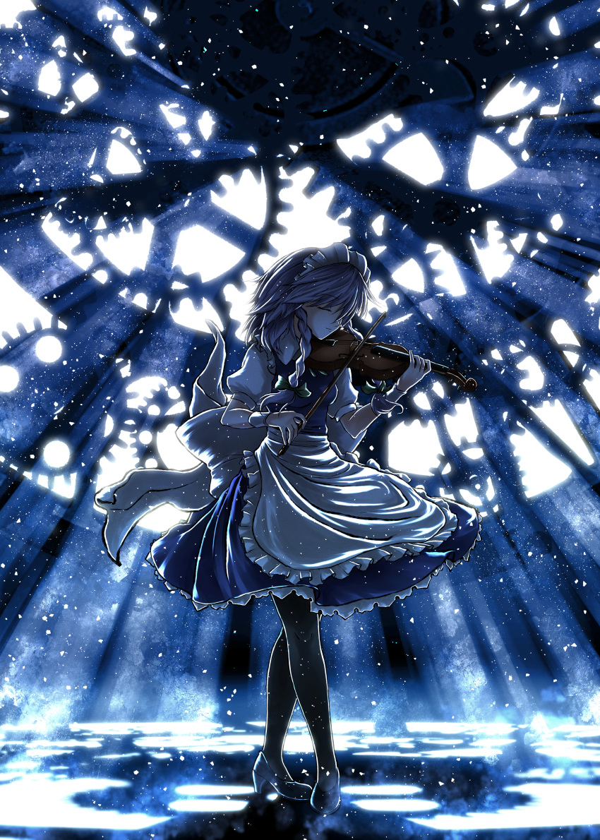 1girl absurdres apron black_pantyhose blue_dress bow bow_(music) braid closed_eyes dress full_body gears green_bow grey_hair high_heels highres holding holding_instrument indoors instrument izayoi_sakuya maid maid_apron maid_headdress music oubachiago pantyhose playing_instrument puffy_short_sleeves puffy_sleeves short_hair short_sleeves solo touhou twin_braids violin white_apron white_bow