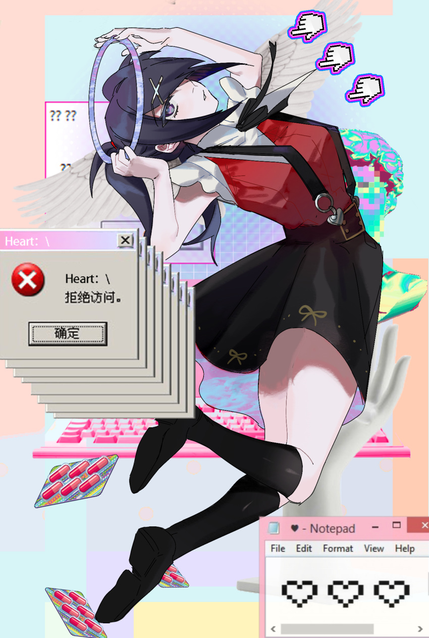 1girl ame-chan_(needy_girl_overdose) black_footwear black_hair black_ribbon black_skirt collar collared_shirt cursor full_body hair_ornament hair_over_one_eye hair_tie halo highres holding long_hair neck_ribbon needy_girl_overdose open_mouth pill red_shirt ribbon shirt shirt_tucked_in shoes skirt solo suspender_skirt suspenders twintails violet_eyes white_collar window_(computing) woof_(16109374) x_hair_ornament