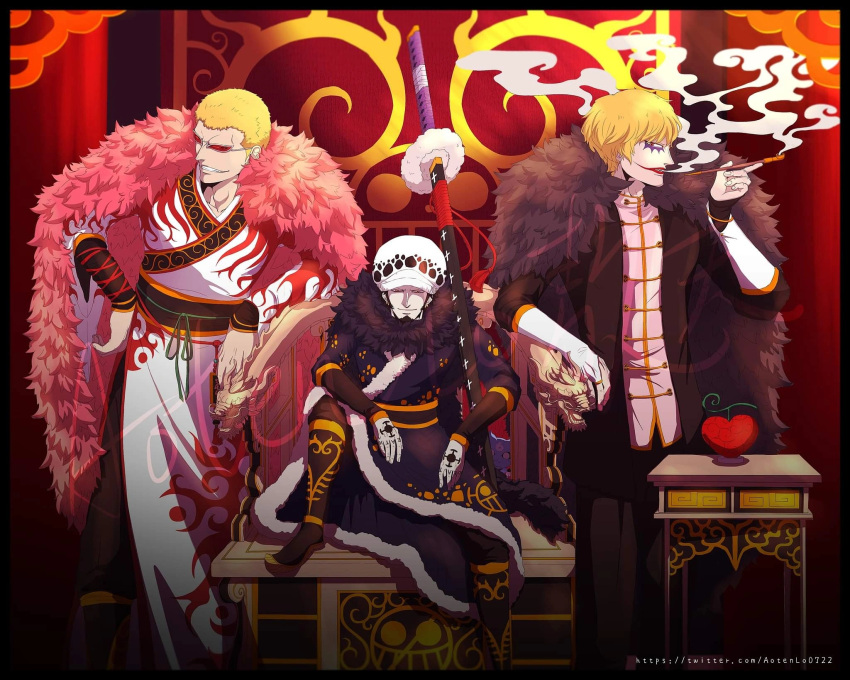 3boys arm_tattoo black_coat blonde_hair chinese_clothes coat donquixote_doflamingo donquixote_rocinante dragon eastern_dragon food fruit fur_coat fur_trim highres holding holding_smoking_pipe holding_weapon light_smile looking_at_viewer makeup multiple_boys npes_1017 one_piece patterned_background patterned_clothing pink_coat red_theme short_hair sitting smoke smoking_pipe standing sunglasses sword tattoo throne trafalgar_law twitter_username watermark weapon white_headwear