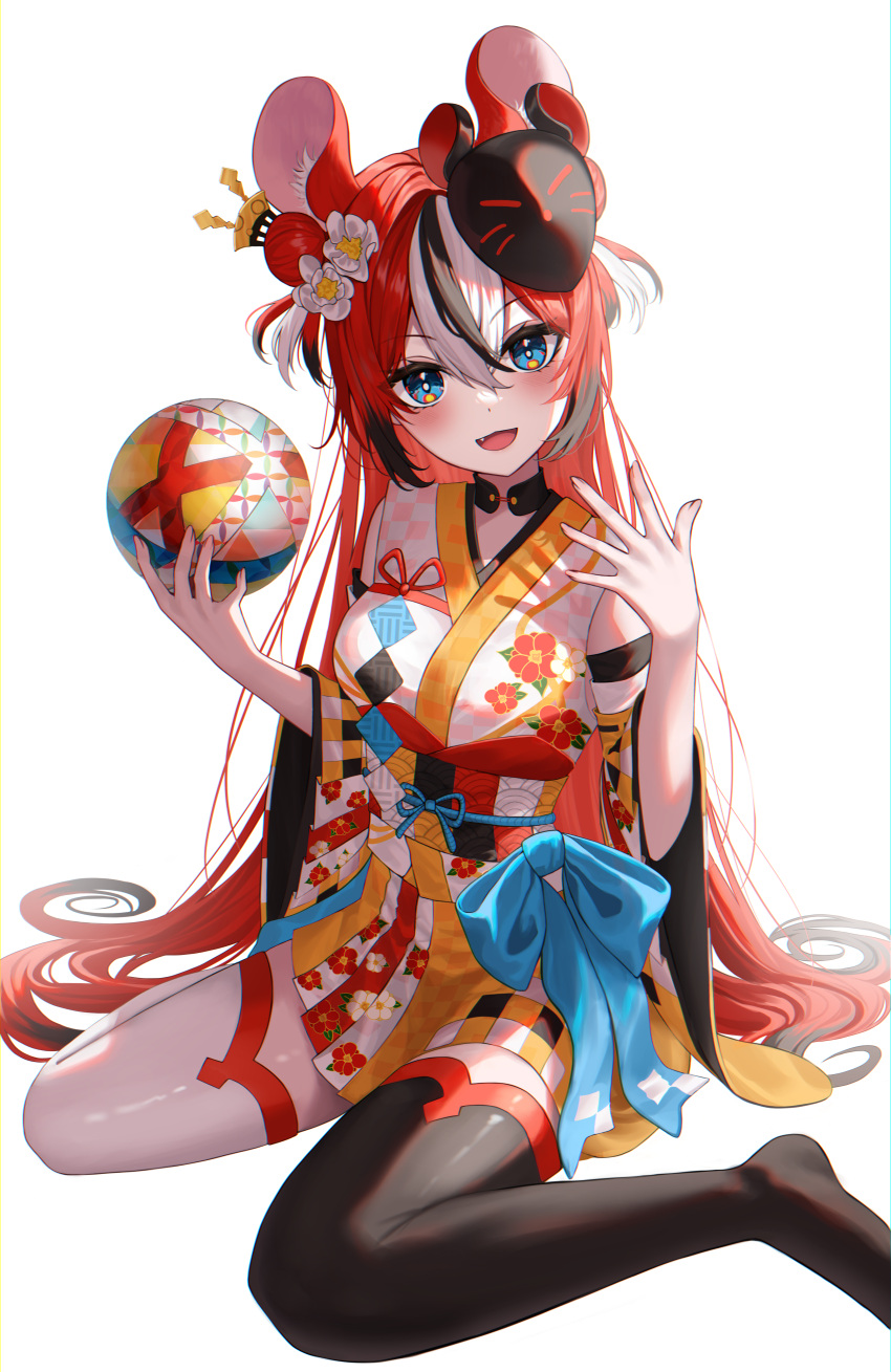 1girl :3 :d absurdres animal_ears bangs black_hair blue_eyes blush commentary eonyan_(chaeyang) eyelashes fang flower hair_between_eyes hair_flower hair_ornament hakos_baelz head_tilt highres hololive hololive_english long_hair looking_at_viewer mask mask_on_head mouse_ears mouse_girl mouse_mask multicolored_hair open_mouth redhead sidelocks simple_background sitting smile solo streaked_hair two_side_up very_long_hair virtual_youtuber wariza white_background white_flower white_hair