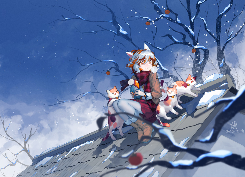 1girl :t animal_ears bare_tree bell boots brown_footwear brown_jacket cat cat_ears cat_girl chewing chinese_commentary closed_mouth clouds collar commentary_request day food food_on_face fur-trimmed_boots fur_trim furahata_gen goutokuji_mike hair_between_eyes highres holding holding_food jacket jingle_bell multicolored_hair on_roof open_clothes open_jacket orange_eyes orange_hair outdoors pantyhose red_collar red_scarf red_skirt scarf shirt skirt sky snow snowing solo steam sweet_potato touhou tree white_hair white_pantyhose white_shirt