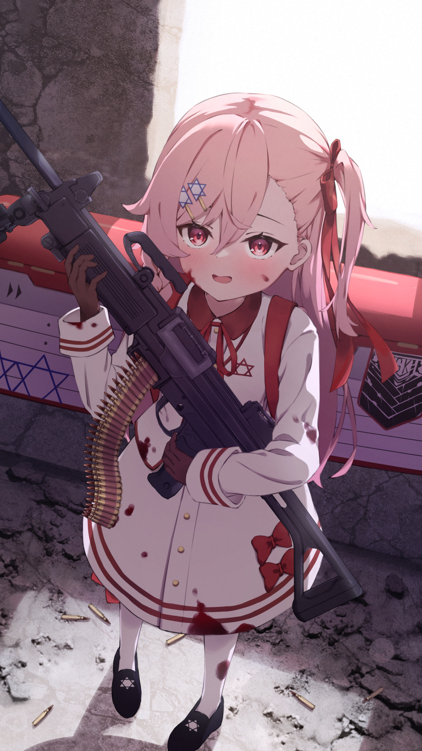 1girl absurdres age_regression aged_down ammunition_belt black_gloves bow braid child dress from_above full_body girls_frontline gloves gun hair_ornament hairclip hexagram highres holding holding_gun holding_weapon imi_negev loafers long_hair machine_gun negev_(girls'_frontline) negev_(little_drifter)_(girls'_frontline) official_alternate_costume one_side_up pink_hair red_bow red_eyes shell_casing shoes side_braid standing star_of_david taitan weapon weapon_bag weapon_case white_dress