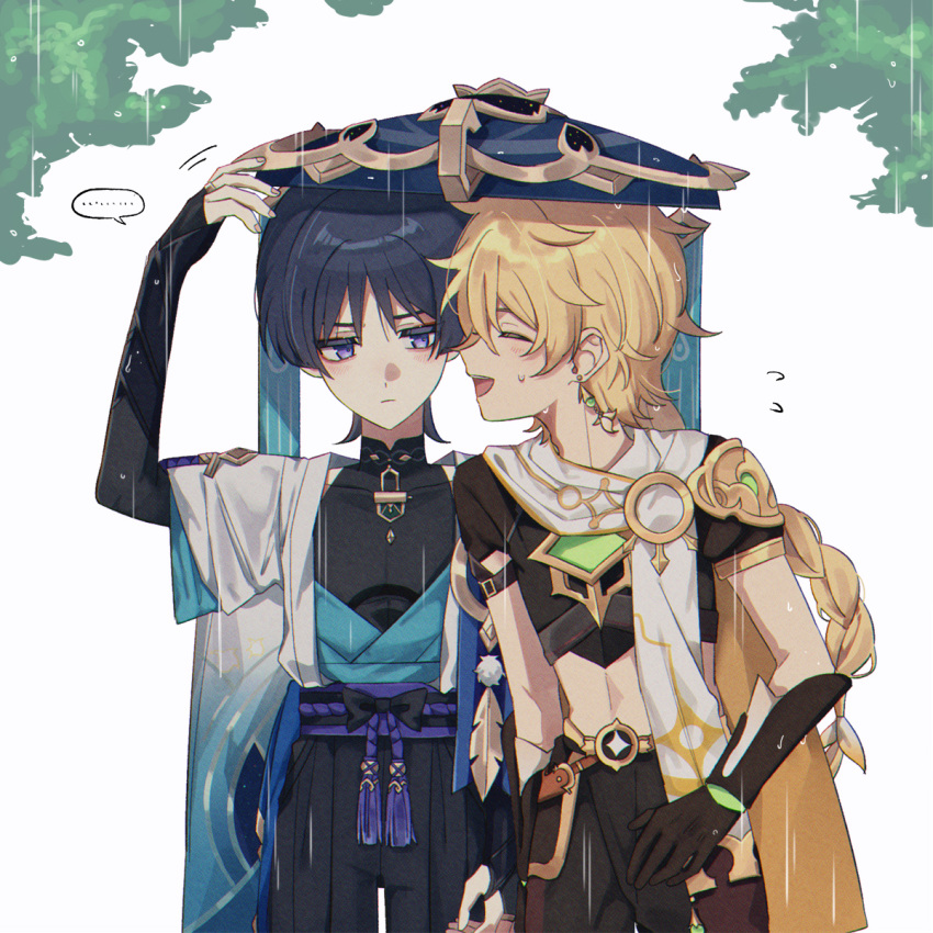 2boys aether_(genshin_impact) ahoge arm_armor arm_up bangs belt black_belt black_bow black_pants black_shirt black_shorts blonde_hair blue_gemstone blue_headwear blue_vest blunt_ends blush bow braid brown_gloves closed_eyes closed_mouth collarbone commentary_request earrings fingernails flying_sweatdrops gem genshin_impact gloves grey_scarf grey_vest hair_between_eyes hand_on_headwear hand_up hat highres jewelry jingasa leaf long_hair looking_at_another male_focus mandarin_collar multiple_boys nail_polish necklace nekoshin_kagari official_alternate_costume open_clothes open_mouth open_vest pants pink_nails pom_pom_(clothes) purple_belt purple_hair rain ring scaramouche_(genshin_impact) scarf shirt short_hair short_sleeves shorts simple_background single_earring sleeveless sleeveless_shirt speech_bubble standing star_(symbol) sweat sweatdrop teeth tongue two-tone_vest v-shaped_eyebrows vest violet_eyes vision_(genshin_impact) wanderer_(genshin_impact) white_background