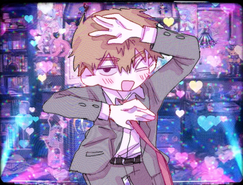 1boy bangs belt blonde_hair collared_shirt derivative_work formal internet_overdose jacket long_sleeves looking_at_viewer male_focus mob_psycho_100 necktie needy_girl_overdose one_eye_closed open_mouth pants parody pink_necktie poster_(object) reigen_arataka shelf shirt short_hair smile solo suit uuh2co3 white_shirt
