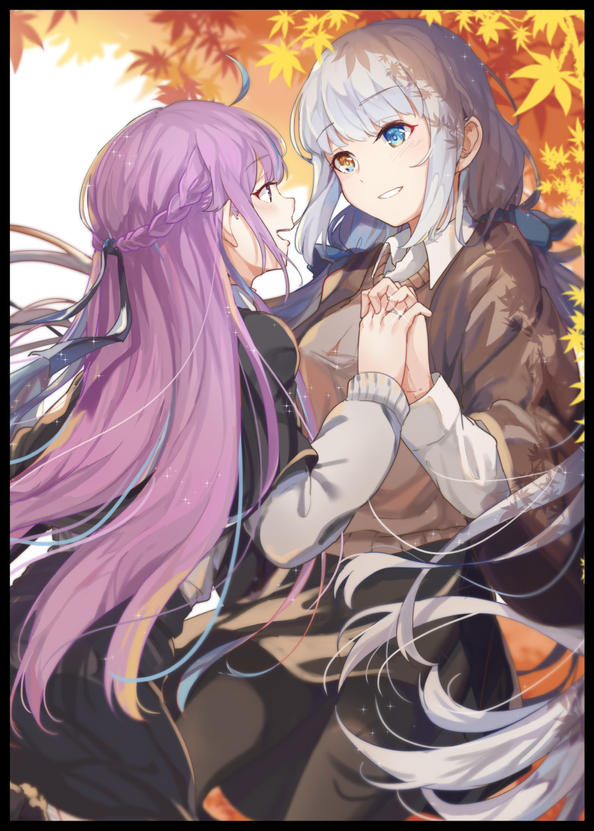 2girls :d absurdres autumn_leaves bangs black_border black_capelet black_pantyhose black_skirt blue_eyes blue_hair blush border braid breasts brown_capelet brown_eyes capelet collared_shirt commentary_request crossover eye_contact glint grey_hair heterochromia highres holding_hands hololive interlocked_fingers jewelry kagura_gumi kagura_mea leaf long_hair long_sleeves looking_at_another maple_leaf medium_breasts minato_aqua multicolored_hair multiple_girls pantyhose pink_hair profile ring shirt skirt smile sweater_vest two-tone_hair very_long_hair violet_eyes virtual_youtuber white_shirt xuu_shi_times yuri