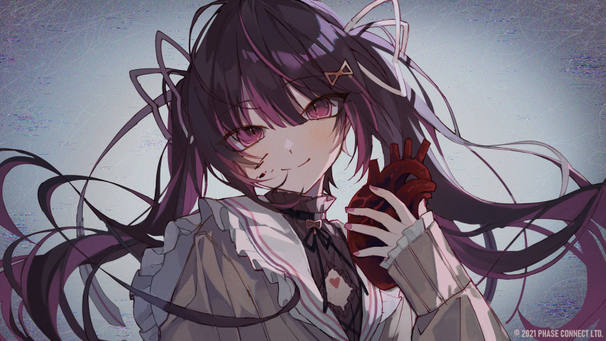 1girl absurdres bangs black_ribbon blood blood_on_face cleavage_cutout close-up clothing_cutout collar copyright copyright_name film_grain flat_chest frilled_collar frilled_cuffs frills gradient gradient_background hair_between_eyes hair_ornament hair_ribbon hairpin heart heart_(organ) highres hime_cut himemiya_rie holding looking_at_viewer multicolored_hair nail_polish ookami_ciro phase_connect pink_hair purple_hair red_eyes ribbon sailor_collar short_hair tsurime turtleneck twintails two-tone_hair