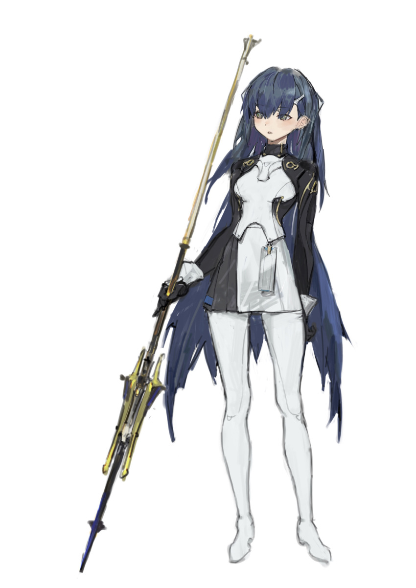 1girl absurdres black_gloves blue_hair full_body gloves green_eyes hair_ornament hairclip highres holding holding_polearm holding_weapon jaeyeong long_hair original pants parted_lips polearm simple_background solo spear very_long_hair weapon white_background white_pants