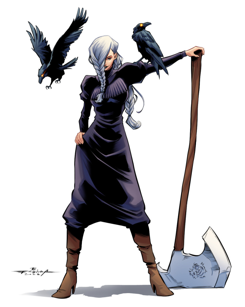 1girl axe bird black_dress boots braid brown_footwear brunofrenda crow dress full_body grey_hair hair_over_one_eye hand_on_hip high_heel_boots high_heels highres jujutsu_kaisen long_hair long_sleeves looking_at_viewer mei_mei_(jujutsu_kaisen) signature simple_background standing twin_braids white_background