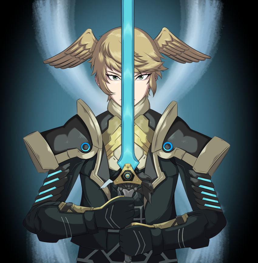 1boy armor brown_hair commentary ememtrp english_commentary gauntlets gradient gradient_background green_eyes head_wings highres holding holding_sword holding_weapon pale_skin self_upload short_hair shoulder_armor shoulder_pads solo_focus straight-on sword weapon wings xenoblade_chronicles_(series) xenoblade_chronicles_3 zeon_(xenoblade)