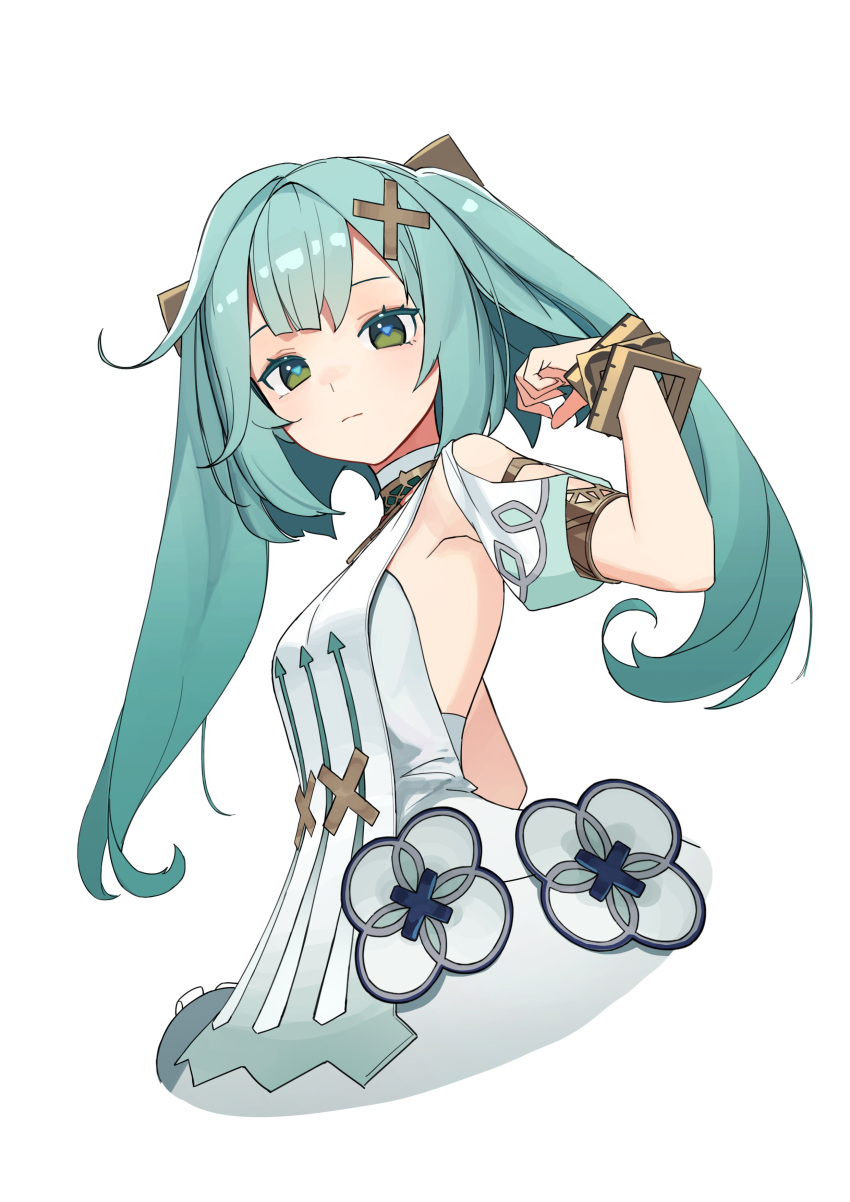 1girl absurdres aoiro_(t_aoiro123) aqua_hair bangle bangs bracelet breasts closed_mouth cropped_legs detached_sleeves dress faruzan_(genshin_impact) genshin_impact green_eyes hair_ornament highres jewelry long_hair sidelocks simple_background small_breasts solo triangle-shaped_pupils twintails white_background white_dress x_hair_ornament
