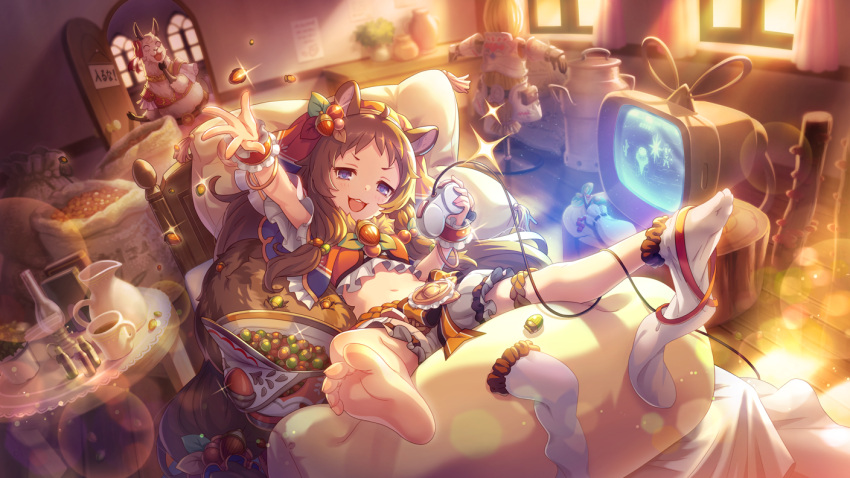 1girl acorn animal_ears bed brown_hair game_console long_hair looking_at_viewer lying official_art princess_connect! rin_(princess_connect!) socks squirrel_girl television violet_eyes