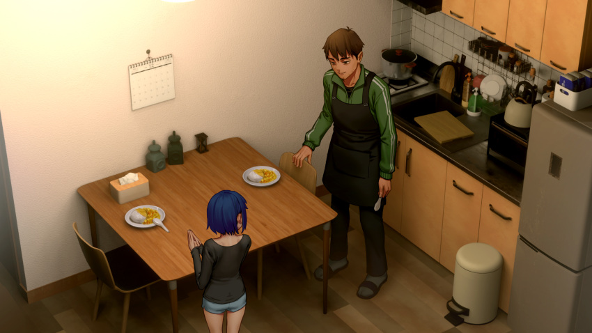 1boy 1girl apron as109 black_apron black_shirt blue_hair blue_shorts brother_and_sister brown_hair chair food green_jacket highres indoors jacket kitchen looking_at_another original plate refrigerator shirt short_hair shorts siblings standing table tissue_box trash_can