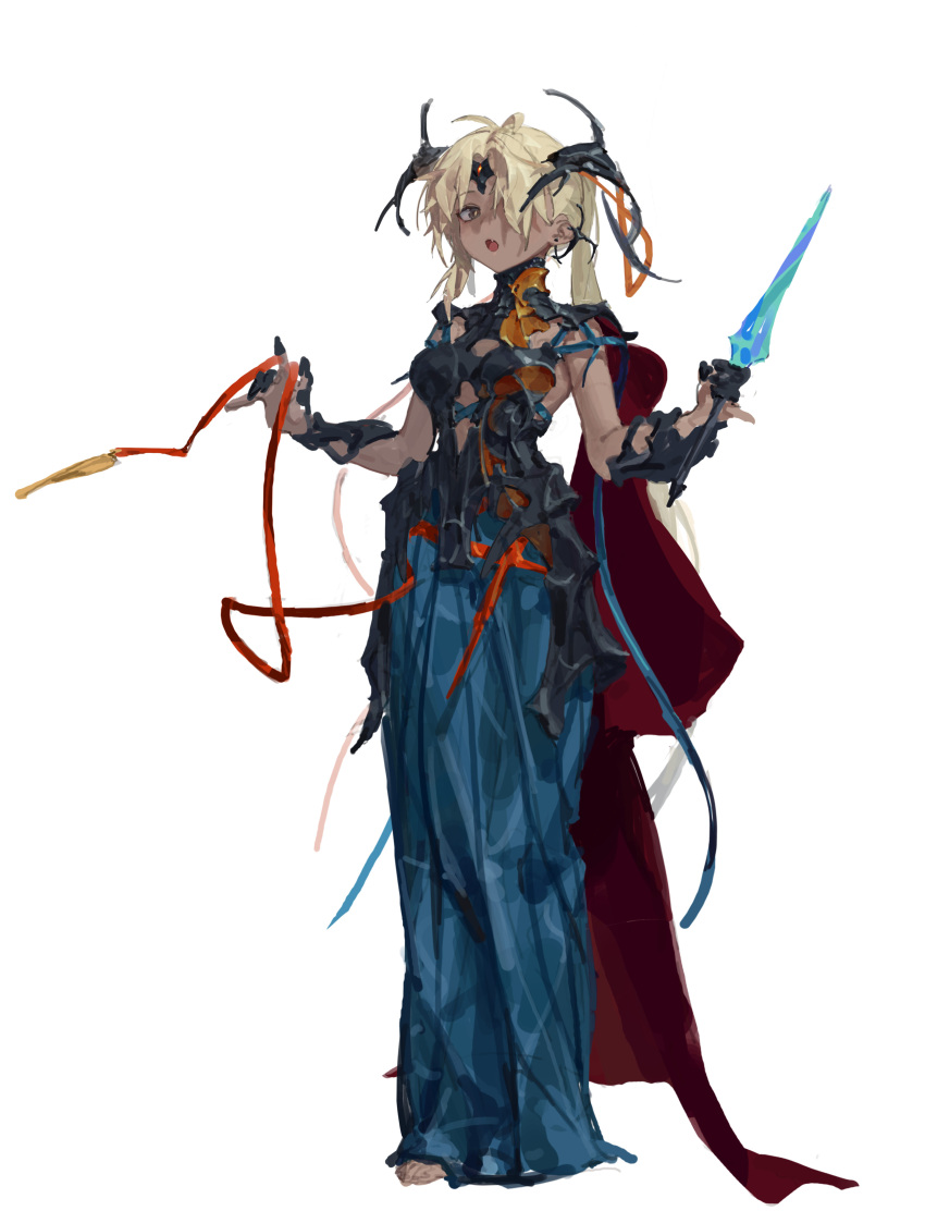 1girl absurdres armor blue_skirt brown_eyes cape dagger full_body hair_over_one_eye highres holding holding_dagger holding_knife holding_weapon horns jaeyeong knife long_skirt looking_at_viewer one_eye_covered open_mouth original red_cape simple_background skirt solo weapon white_background