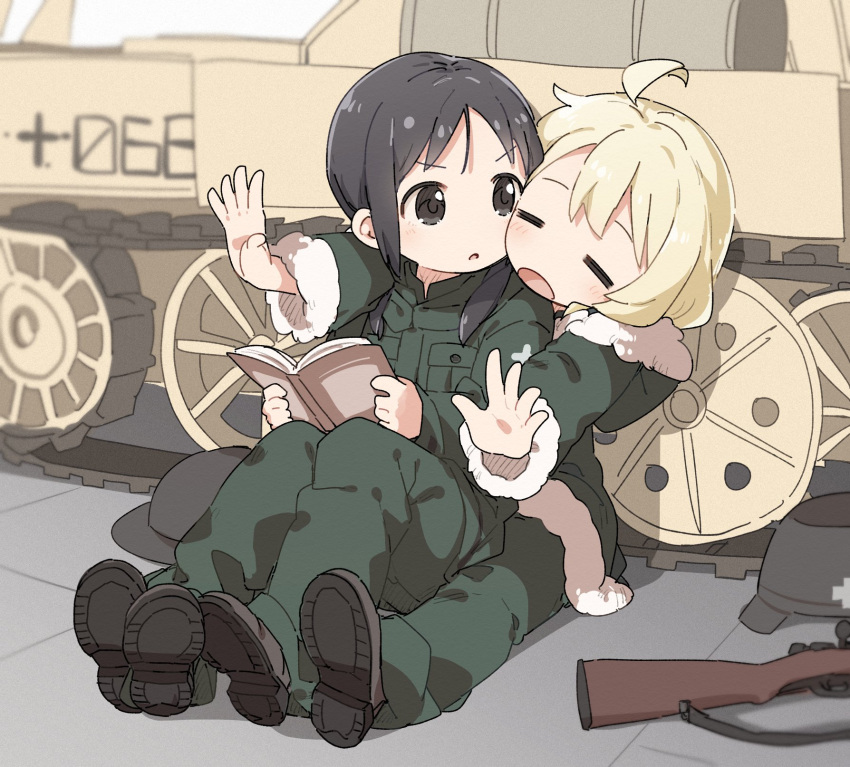 2girls :o =_= ahoge bangs black_eyes black_footwear black_hair blonde_hair blush book brodie_helmet chito_(shoujo_shuumatsu_ryokou) closed_eyes fur-trimmed_hood fur-trimmed_jacket fur-trimmed_sleeves fur_trim green_jacket green_pants grey_headwear gun hat hat_removed headwear_removed helmet highres holding holding_book hood hood_down hooded_jacket jacket kettenkrad long_sleeves military_helmet multiple_girls open_book open_mouth outstretched_arms pants parted_lips rifle shoe_soles shoes shoujo_shuumatsu_ryokou v-shaped_eyebrows weapon white_background yukie_(kusaka_shi) yuuri_(shoujo_shuumatsu_ryokou)