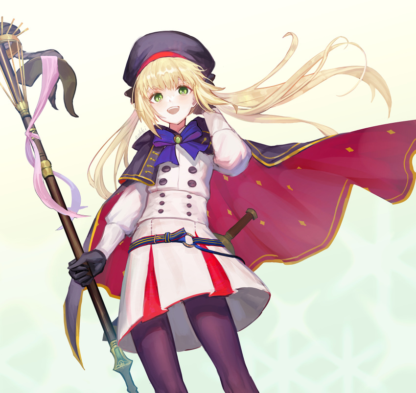 1girl artoria_caster_(fate) artoria_pendragon_(fate) bangs black_gloves blonde_hair buttons capelet commentary_request double-breasted dutch_angle fate/grand_order fate_(series) gloves green_eyes hand_in_own_hair hat highres long_hair long_sleeves looking_at_viewer mage_staff multicolored_capelet pantyhose short_sword skirt smile solo staff striped_belt sword teeth thighs upper_teeth waterstaring weapon