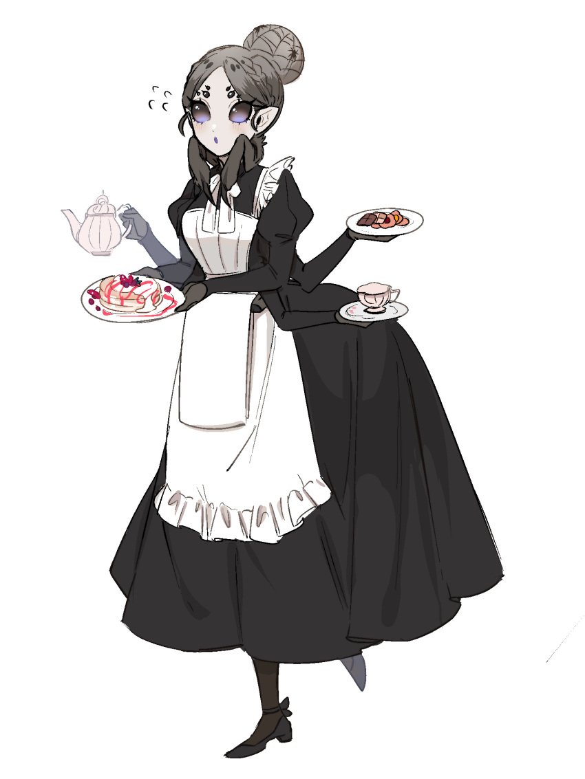 1girl apron arthropod_girl arthropod_limbs bachikin_(kingyo155) berry black_dress bug commentary_request cup dress extra_arms extra_eyes food grey_hair highres holding holding_plate holding_teapot maid monster_girl original pancake plate simple_background solo spider spider_girl teacup teapot white_apron white_background