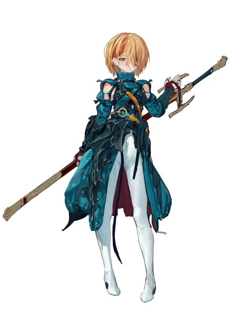 1girl absurdres blonde_hair blue_dress brown_eyes closed_mouth dress eyepatch full_body highres holding holding_sword holding_weapon huge_weapon jaeyeong long_sleeves looking_at_viewer medium_hair multicolored_hair one_eye_covered original pants scabbard sheath simple_background solo standing streaked_hair sword weapon white_background white_pants