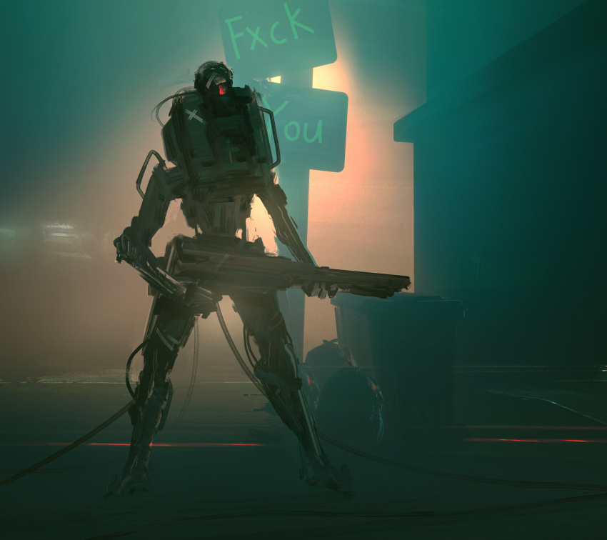absurdres assault_rifle beam_rifle board cable cyberpunk energy_gun english_text engrish_text fog glowing glowing_eye gun highres insult light machinery mecha no_humans one-eyed original ranguage realistic red_eyes rifle road_sign robot sign soldier weapon zhangluye