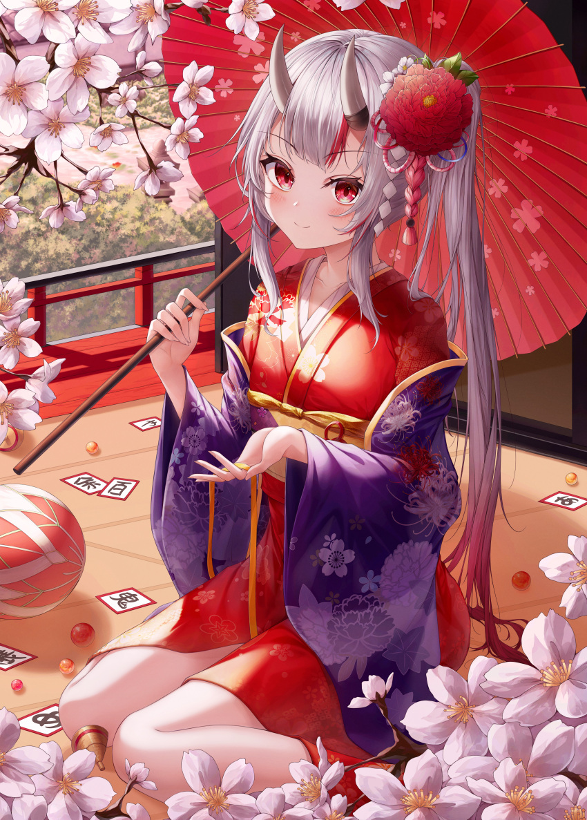 1girl absurdres alternate_costume alternate_hairstyle ball bangs bell branch cherry_blossoms closed_mouth demon_girl floral_print flower gradient_hair grey_hair hair_flower hair_ornament hands_up highres holding holding_ribbon holding_umbrella hololive horns ichizon japanese_clothes kimono long_hair looking_at_viewer multicolored_hair nakiri_ayame oil-paper_umbrella oni_horns open_hand orange_ribbon outdoors ponytail print_kimono purple_kimono red_eyes red_kimono redhead ribbon sitting skin-covered_horns smile streaked_hair temari_ball umbrella virtual_youtuber wariza wide_sleeves