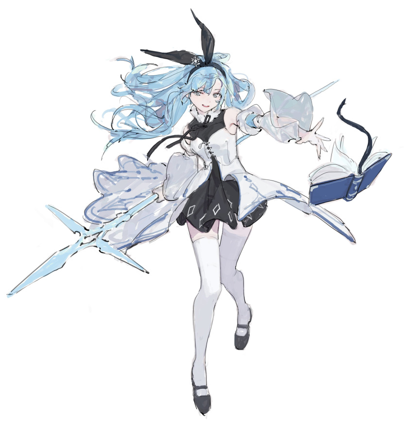 1girl absurdres black_dress black_hairband blue_eyes blue_hair book bow bow_hairband detached_sleeves dress full_body hair_bow hairband highres holding holding_polearm holding_weapon jaeyeong long_hair looking_at_viewer open_book original polearm simple_background smile solo spear thigh-highs weapon white_background white_dress white_thighhighs