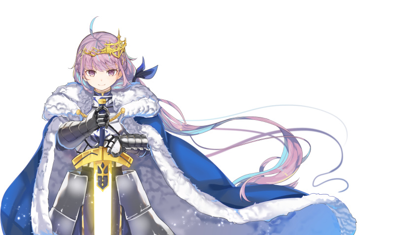 1girl ahoge armor armored_dress artoria_pendragon_(fate) bangs blue_cloak blue_hair blue_ribbon breastplate cloak closed_mouth cosplay excalibur_(fate/stay_night) fate/stay_night fate_(series) fur-trimmed_cloak fur_trim gauntlets hair_ribbon highres holding holding_sword holding_weapon hololive long_hair looking_at_viewer minato_aqua multicolored_hair pink_hair ribbon saber saber_(cosplay) simple_background smile solo streaked_hair sword tiara two-tone_hair v-shaped_eyebrows very_long_hair violet_eyes virtual_youtuber weapon white_background xuu_shi_times