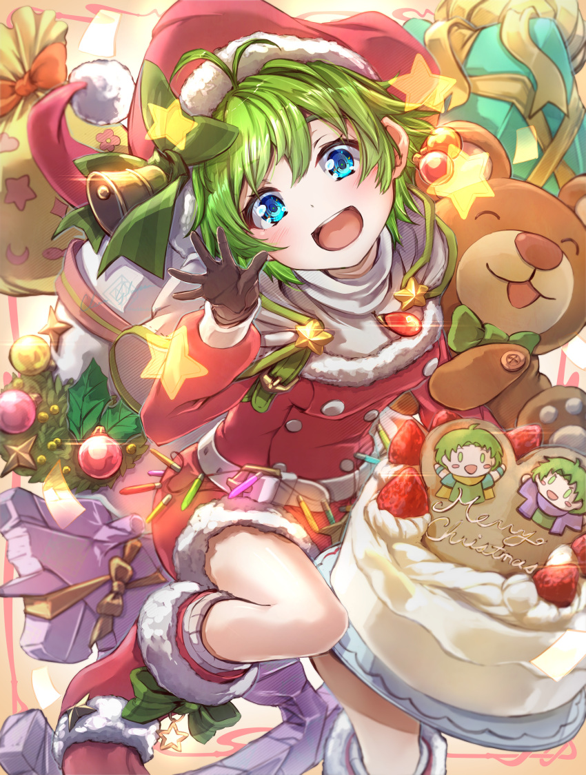 1girl :d absurdres bell black_gloves blue_eyes box cake christmas christmas_ornaments christmas_tree clear_glass_(mildmild1311) dress fire_emblem fire_emblem:_the_binding_blade fire_emblem:_the_blazing_blade fire_emblem_heroes food fruit fur-trimmed_dress fur-trimmed_headwear fur_trim gift gift_box gloves green_hair hat highres icing long_sleeves looking_at_viewer lugh_(fire_emblem) merry_christmas nino_(fire_emblem) official_alternate_costume open_mouth raigh_(fire_emblem) red_dress red_footwear sack santa_costume santa_hat short_hair smile solo star_(symbol) strawberry stuffed_animal stuffed_toy teddy_bear