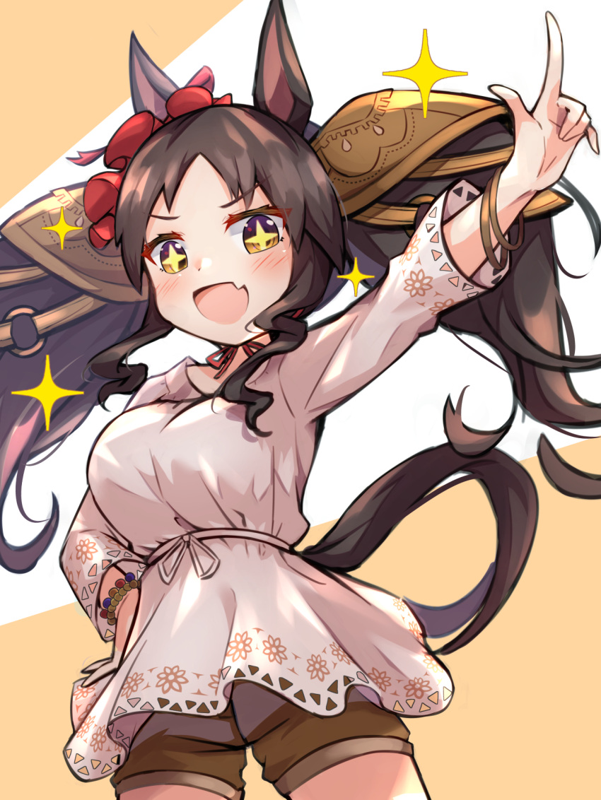 +_+ 1girl :d animal_ears bangle black_hair blush bracelet breasts brown_background brown_hair brown_shorts fang highres horse_ears horse_girl horse_tail jewelry large_breasts long_hair long_sleeves looking_at_viewer marvelous_sunday_(umamusume) meyamu outstretched_arm pointing shirt short_shorts shorts smile solo sparkle tail twintails two-tone_background umamusume very_long_hair white_background white_shirt